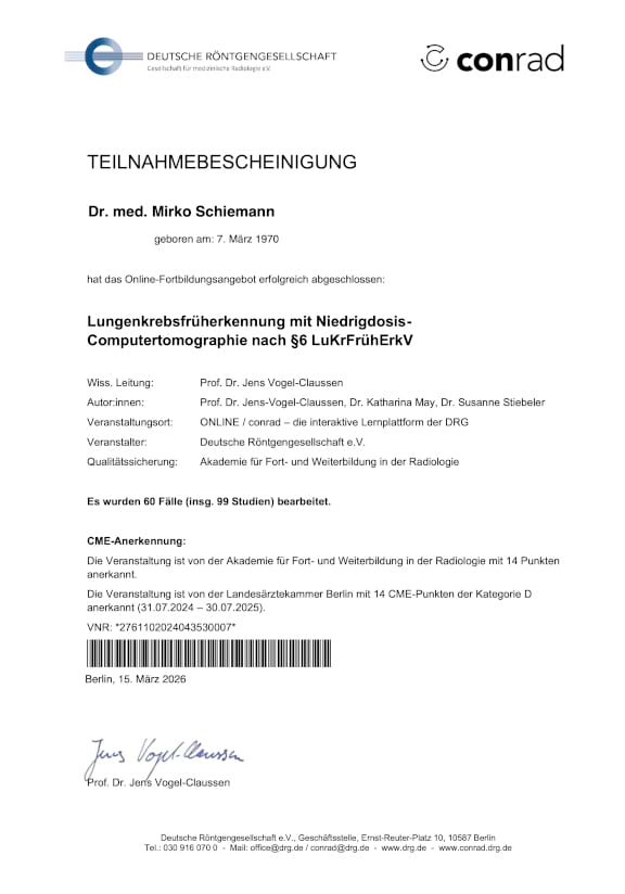 Zertifikat Lungenkrebsfrüherkennung mit LDCT